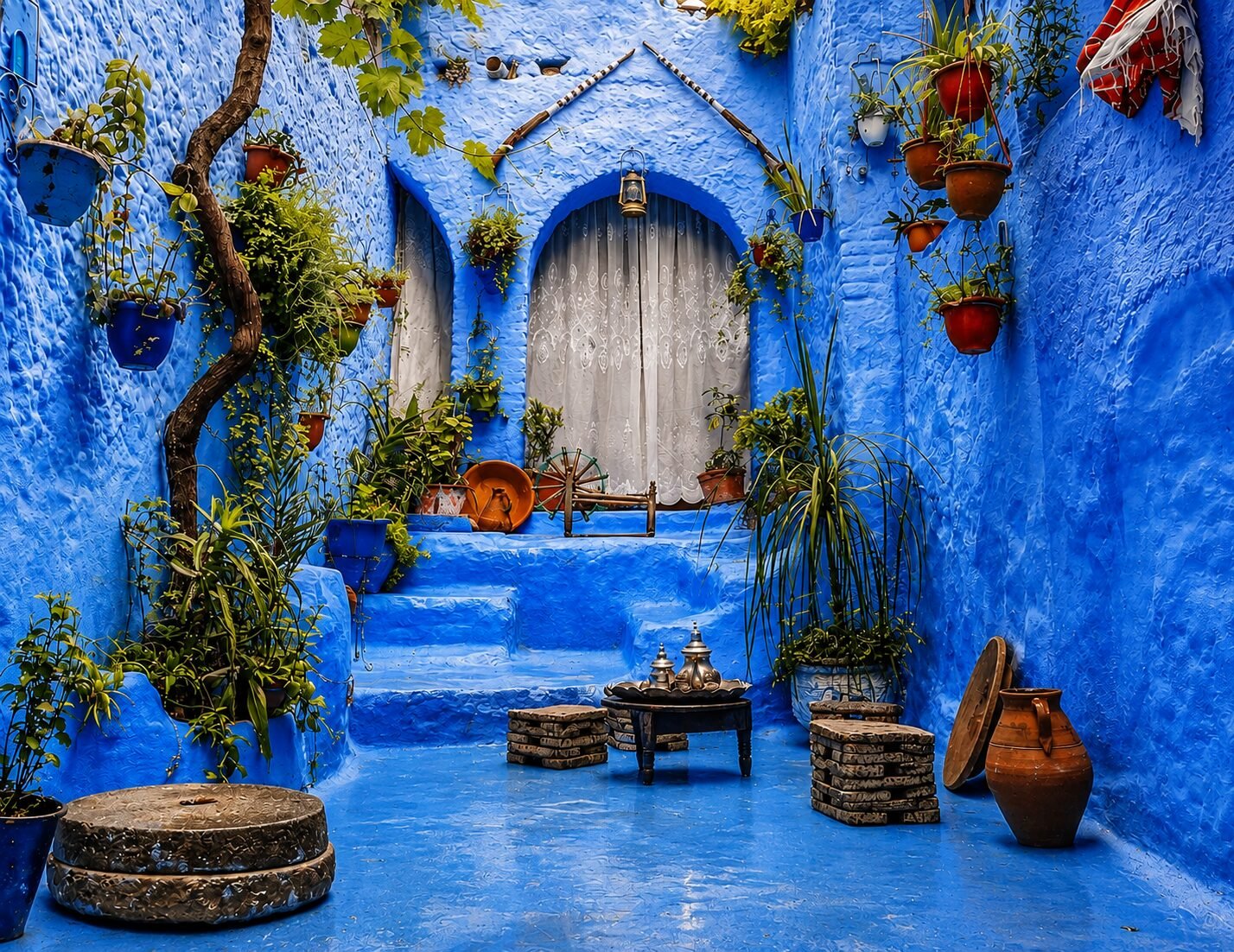 Blue washed stairway and walls in the medina of Chefchaouen, Morocco